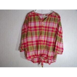 Alia Womens Top Size 18 Pink Plaid V Neck Long Sleeve Button Tie Front Flowy